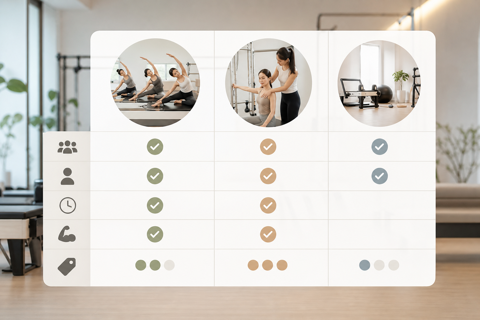 A clear, professional infographic showing a comparison chart of pilates studio features. Columns rep