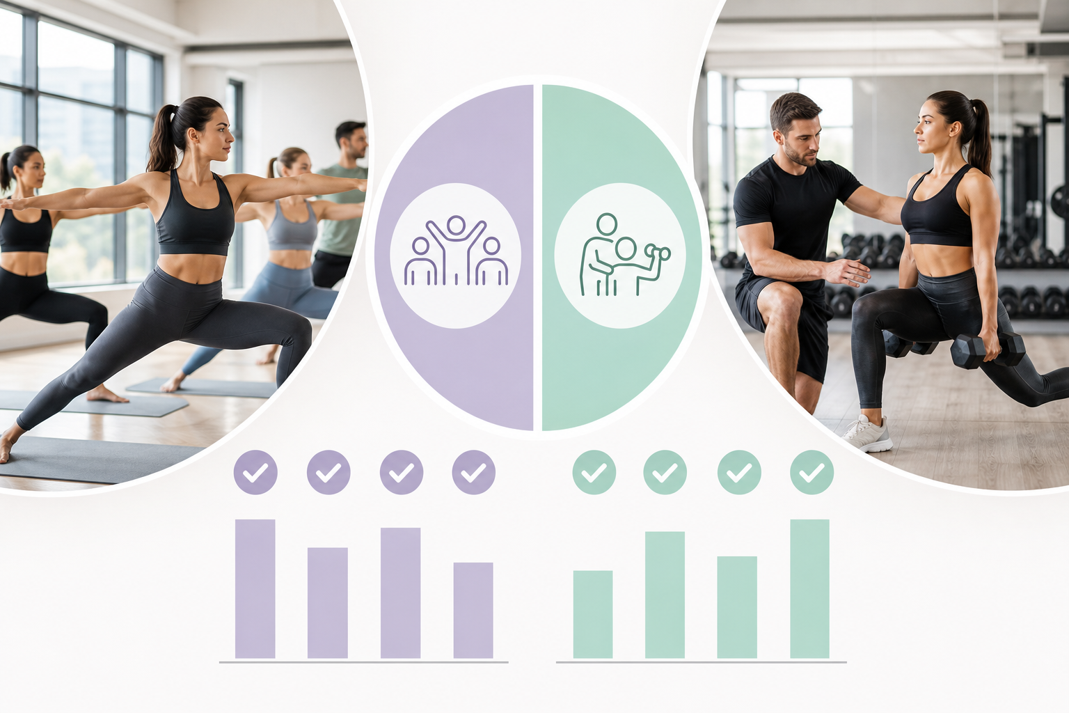 A clean, modern infographic style illustration showing a comparison of different fitness studio type