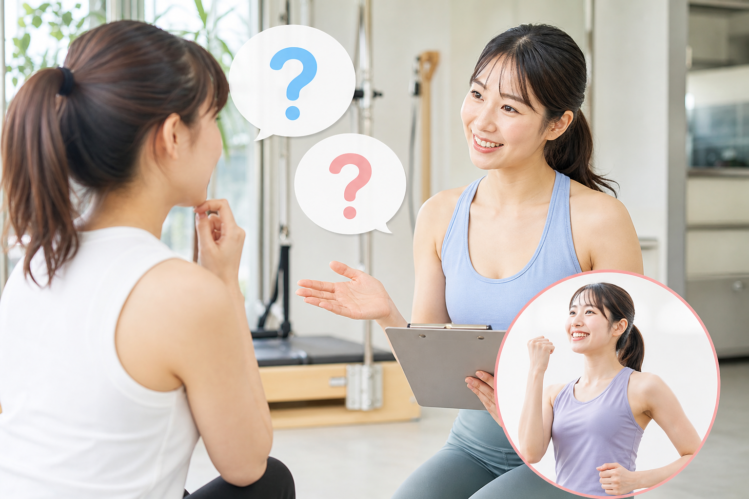 初心者がピラティスの体験レッスンに対して抱く「服装は?」「運動経験は?」といった疑問に対し、インストラクターが笑顔で回答している概念的な図解イラスト。Q&Aアイコンと、運動をこれから始めようとする活気