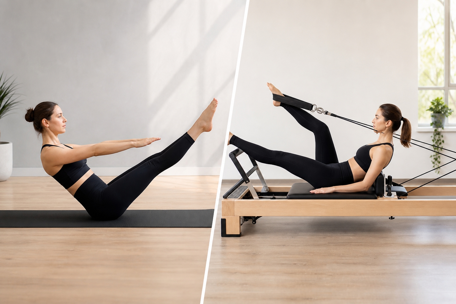 An illustration showing the difference between mat pilates and machine pilates. On one side, a perso