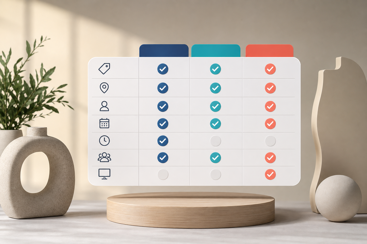 A clean, modern comparison table illustration floating in a studio space, visually representing a ch