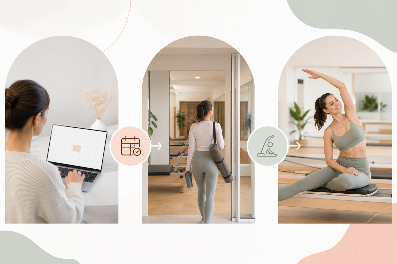 A conceptual illustration of the 3 steps to start pilates: 1. Booking, 2. Arriving at the studio, 3.