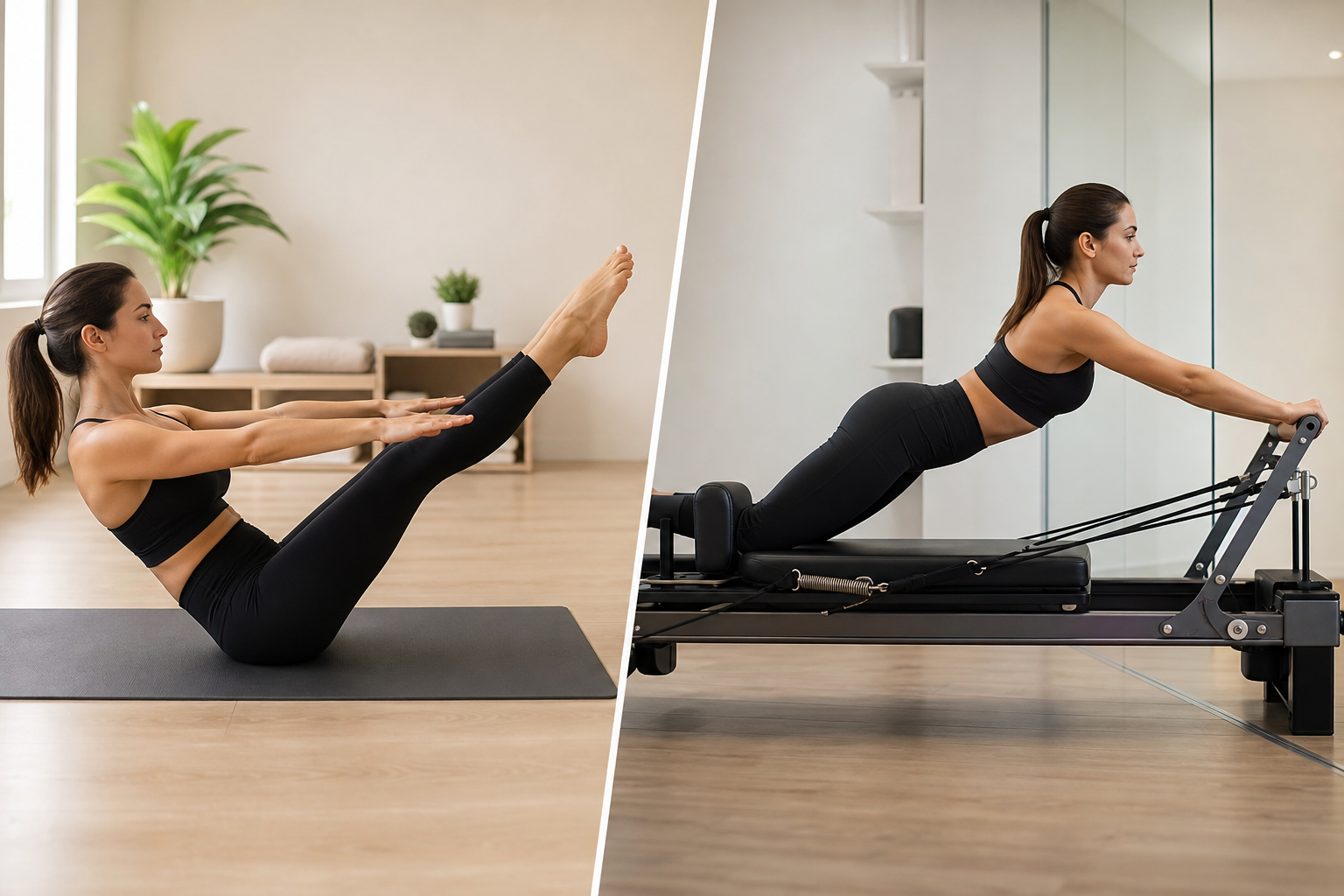 An illustration showing a comparison between mat pilates and reformer pilates. On one side, a person