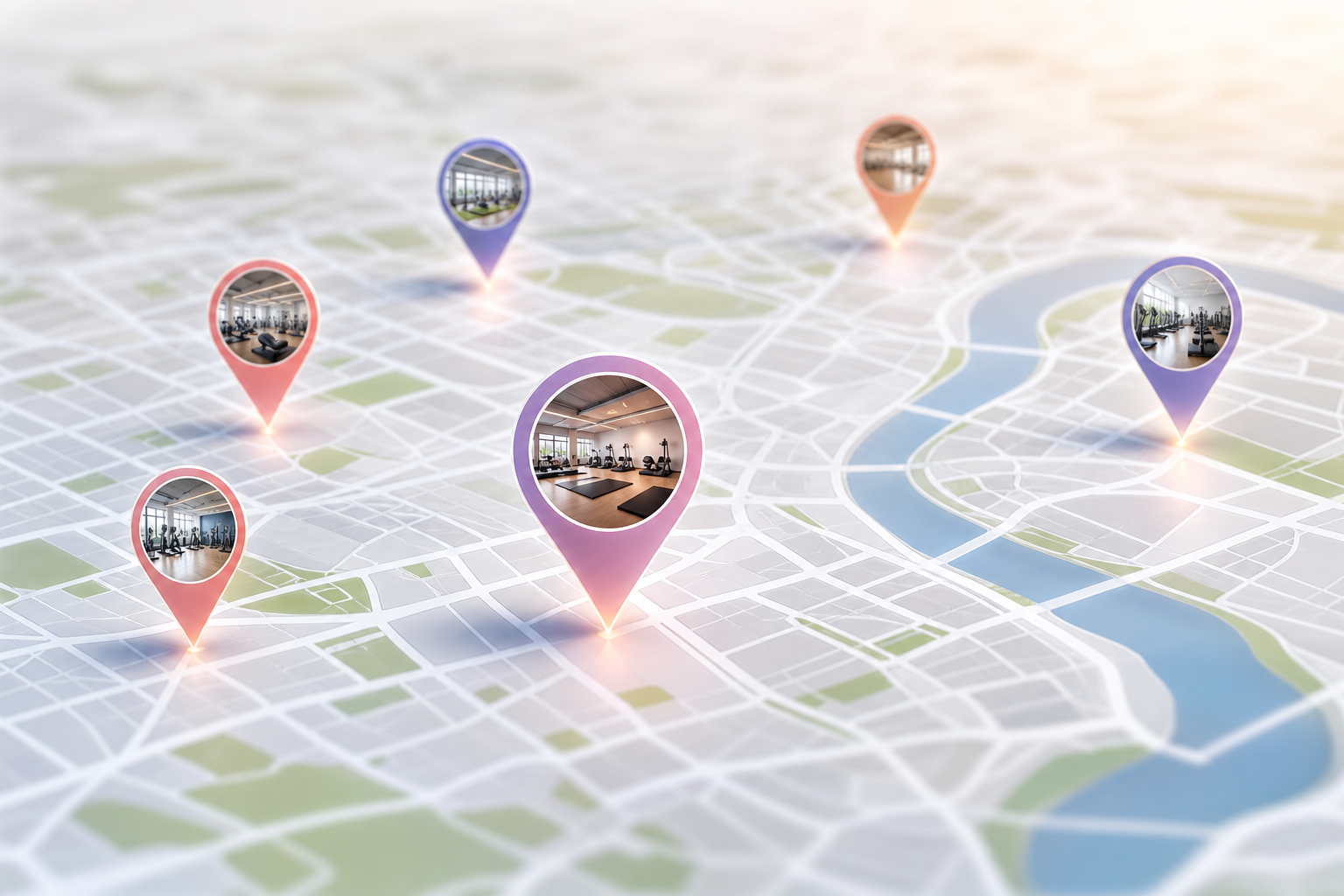 A conceptual, modern illustration of a map or location pins marking various fitness studio spots in