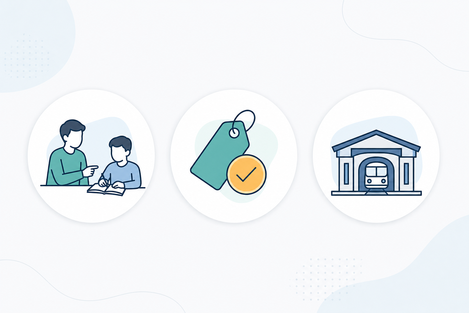 An illustration showing three simple icons representing: a personal instructor guiding a student, a 