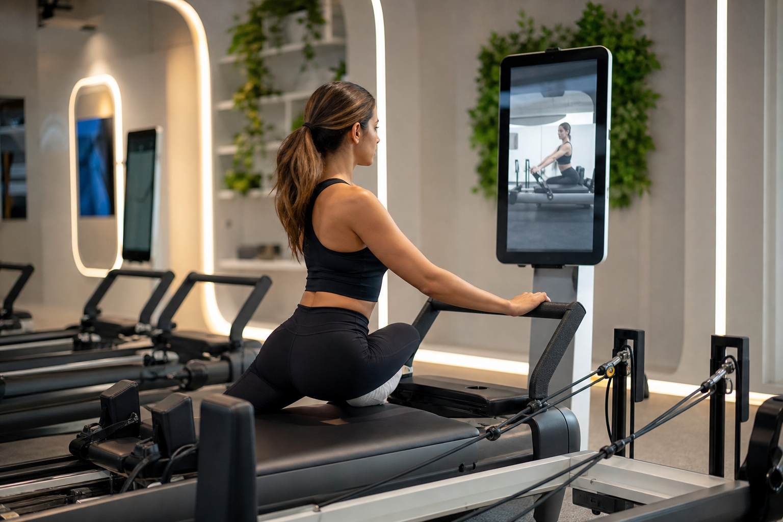 An illustration of a person confidently using a Pilates reformer machine in a modern, automated, and