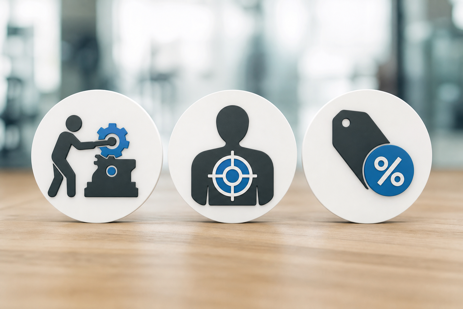 An illustration showing three simple icons representing key selection points: a person adjusting a m