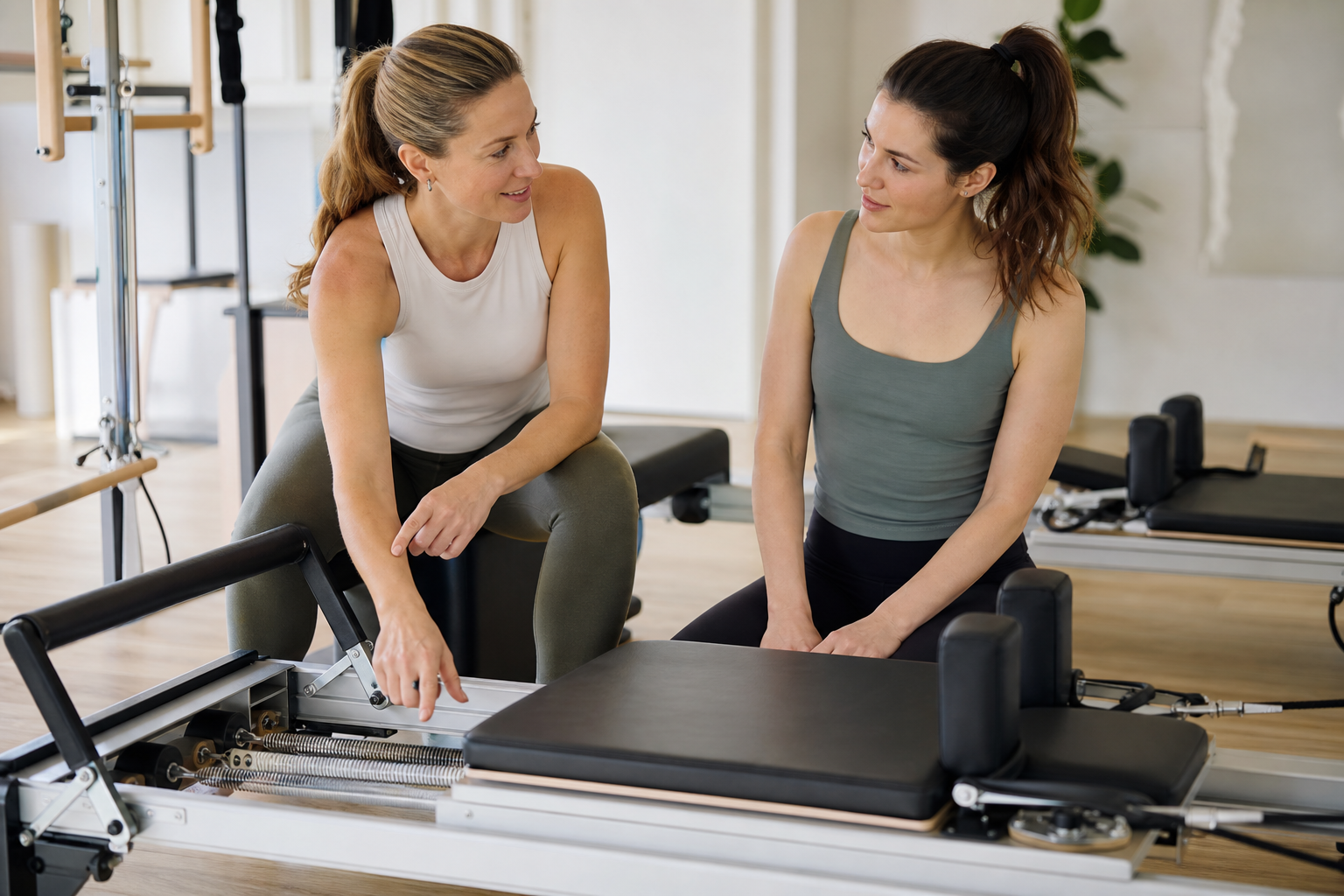 A warm and professional instructor explaining the functions of a Pilates reformer to a beginner stud