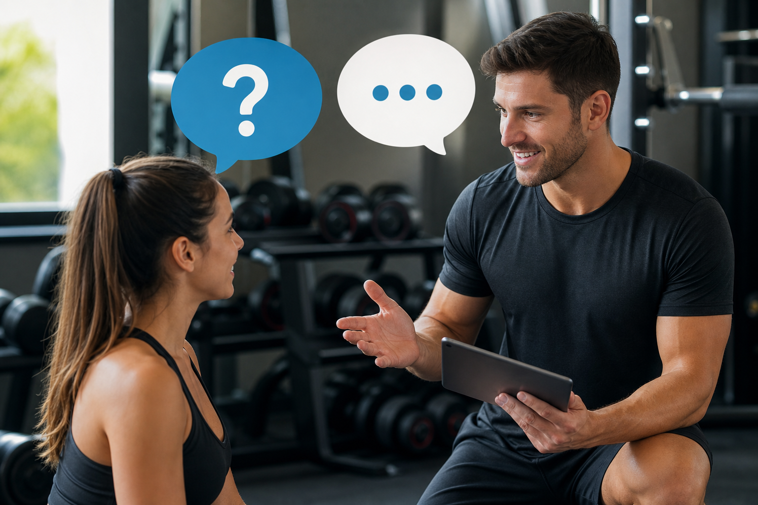 An illustration of a friendly instructor talking to a student in a gym setting, with speech bubbles