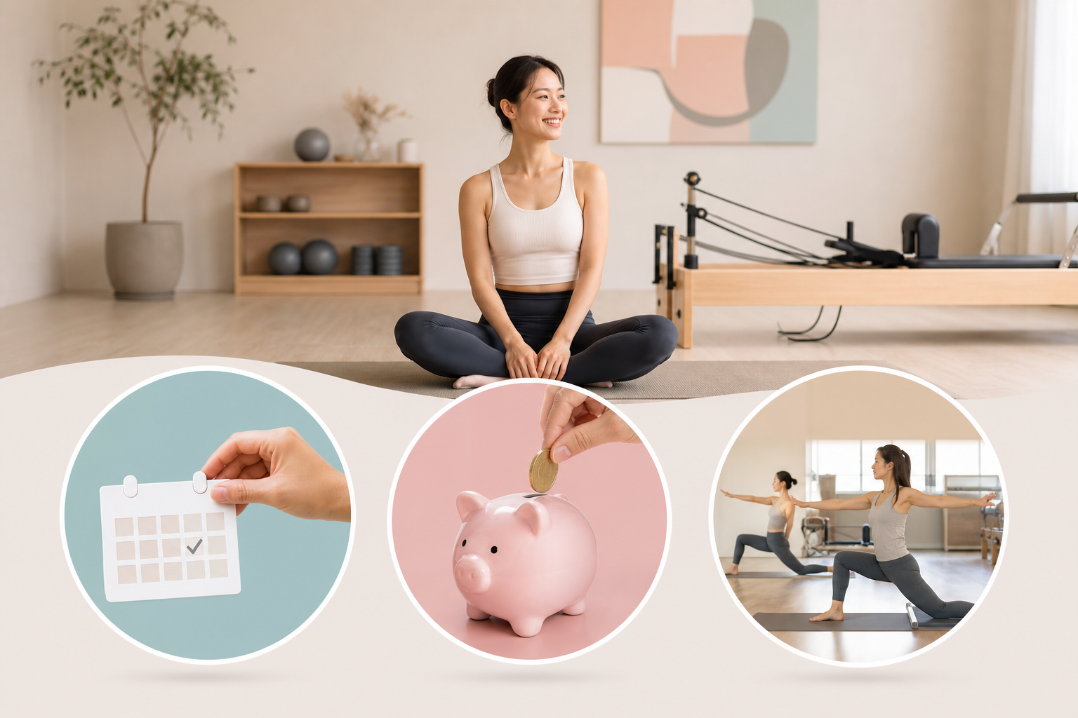 An infographic illustration showing 3 key steps for choosing a Pilates studio: 1. Trial lesson acces