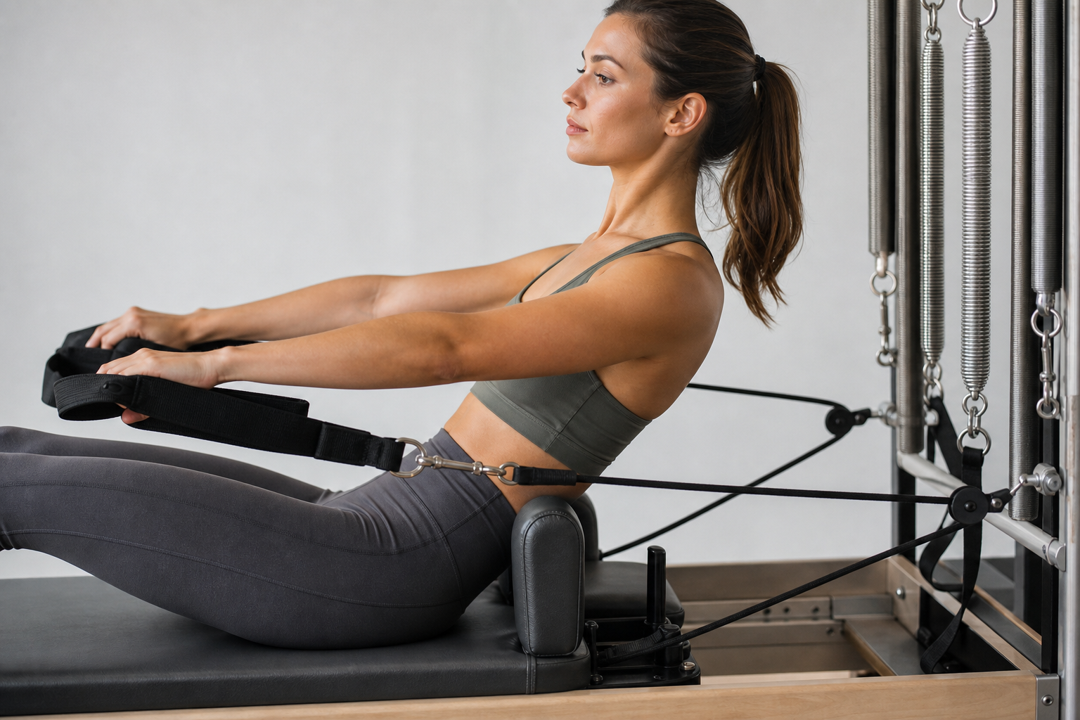 A close-up illustration of a woman using a pilates reformer machine, showing the springs and pulley 