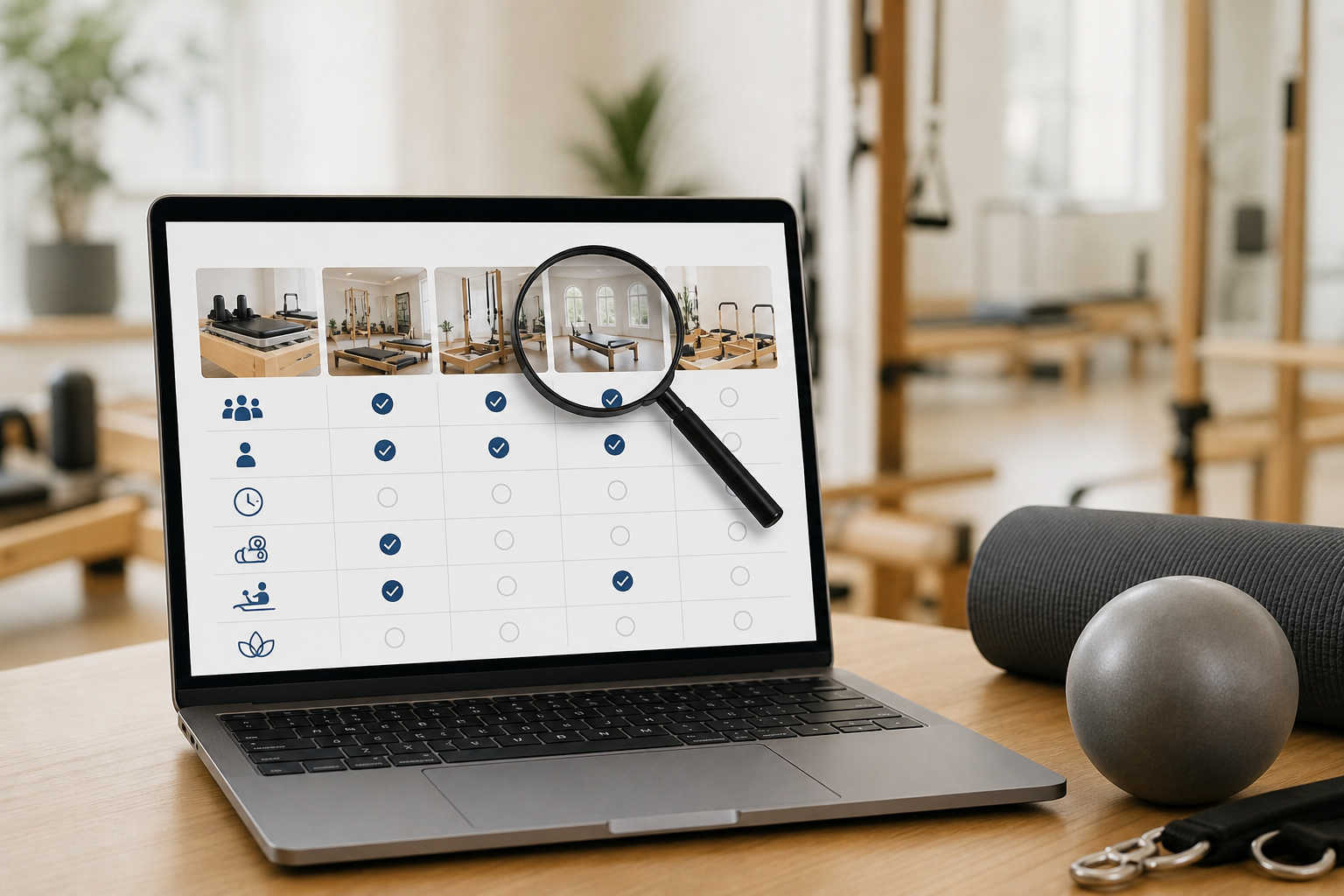 A digital graphic of a comparison table showing various pilates studio features, icons representing 