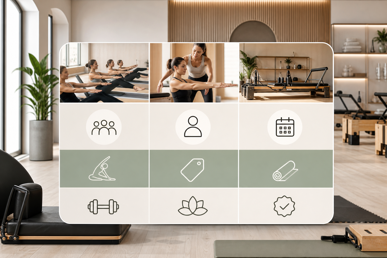 An informative comparison chart visualization showing different Pilates studio features such as 'Gro