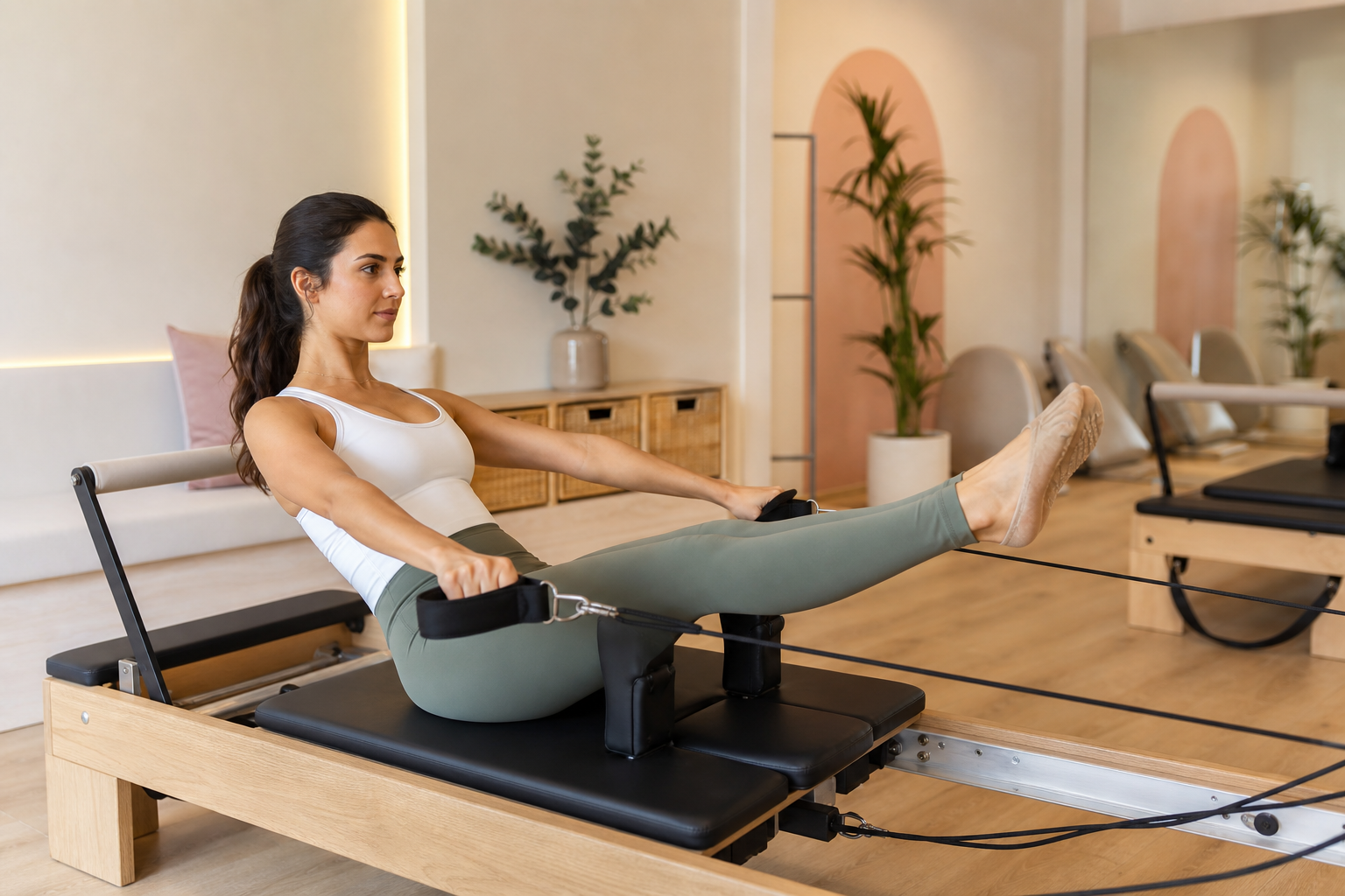 A young woman doing Pilates on a reformer machine in a modern, feminine-friendly studio space. The r