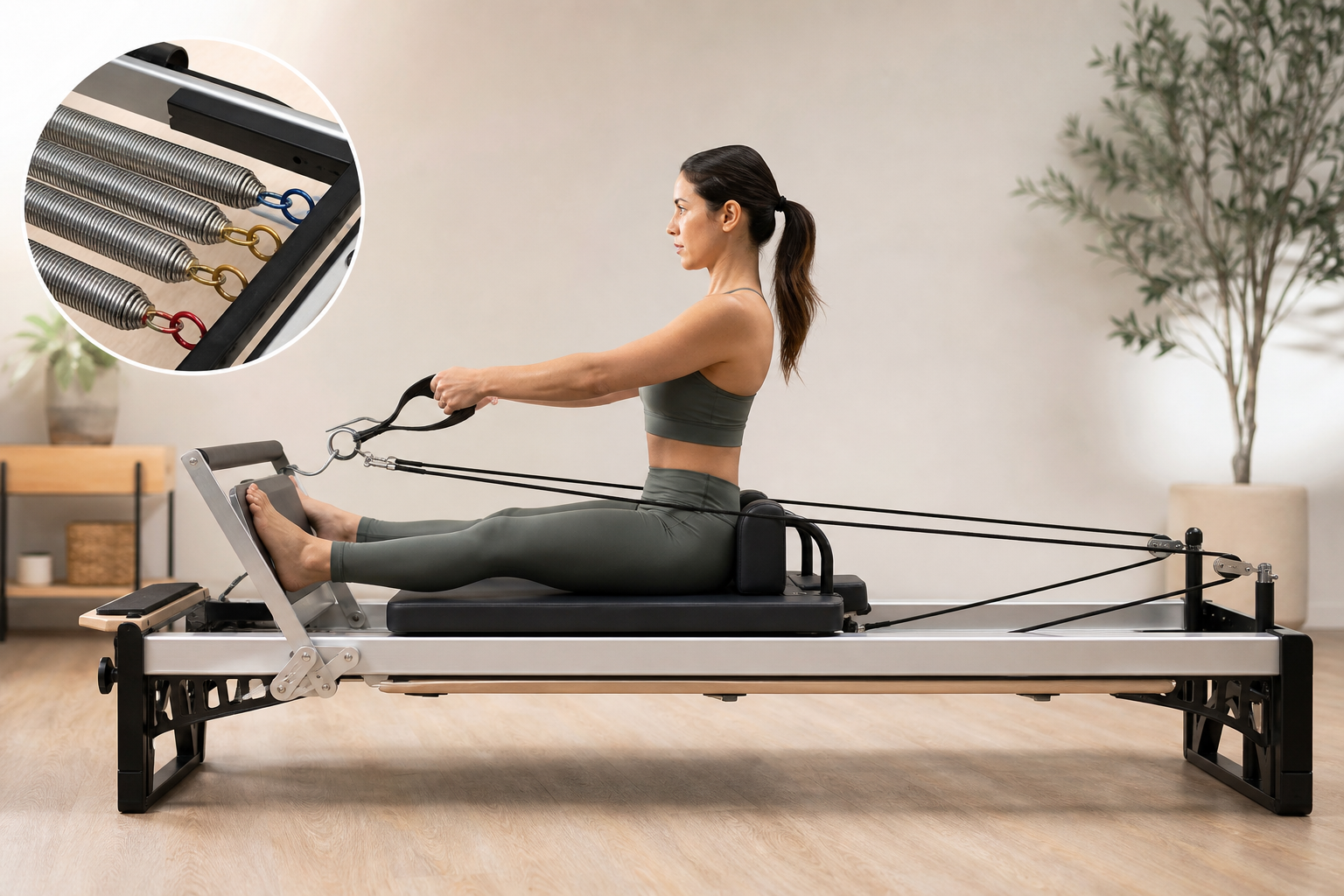 An illustration explaining how a Pilates reformer works, showing a person exercising on the machine 
