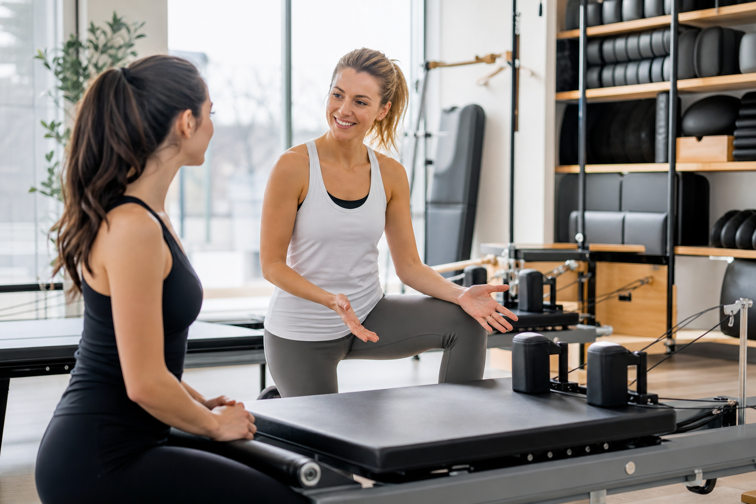 A friendly Pilates instructor talking to a student in a bright studio, smiling and gesturing towards