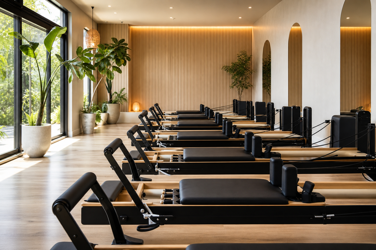 A modern, aesthetic interior view of a high-end Pilates studio, several Pilates reformers lined up n