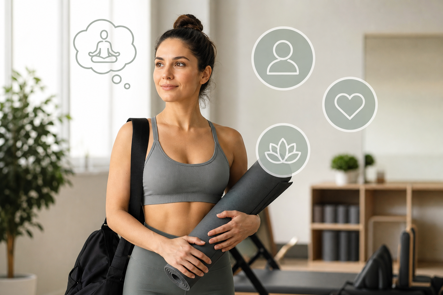 An illustration of a woman confidently preparing for a Pilates class, holding a yoga mat and wearing