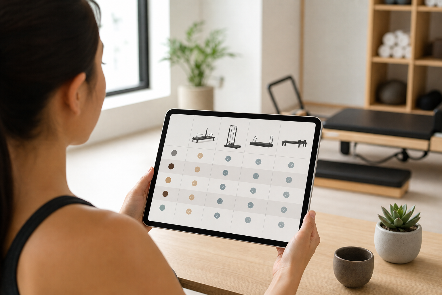 A clear, organized visual comparison concept, a person looking at a digital tablet showing a compari