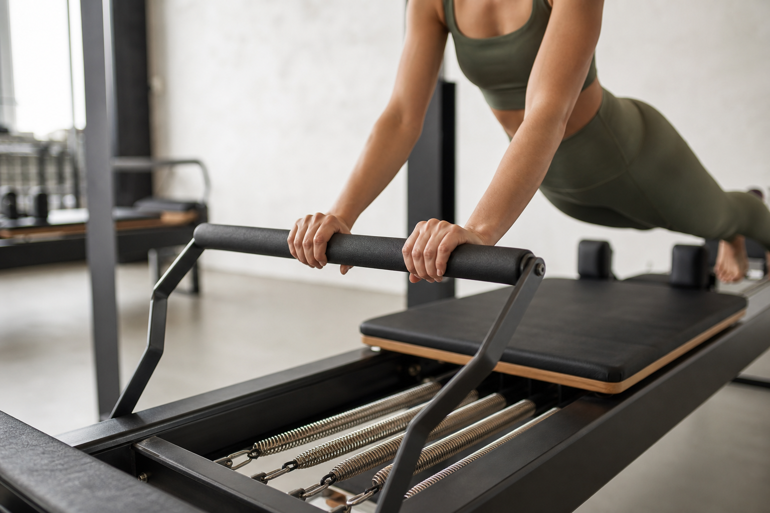 A close-up of a person gracefully exercising on a pilates reformer machine, focusing on the movement