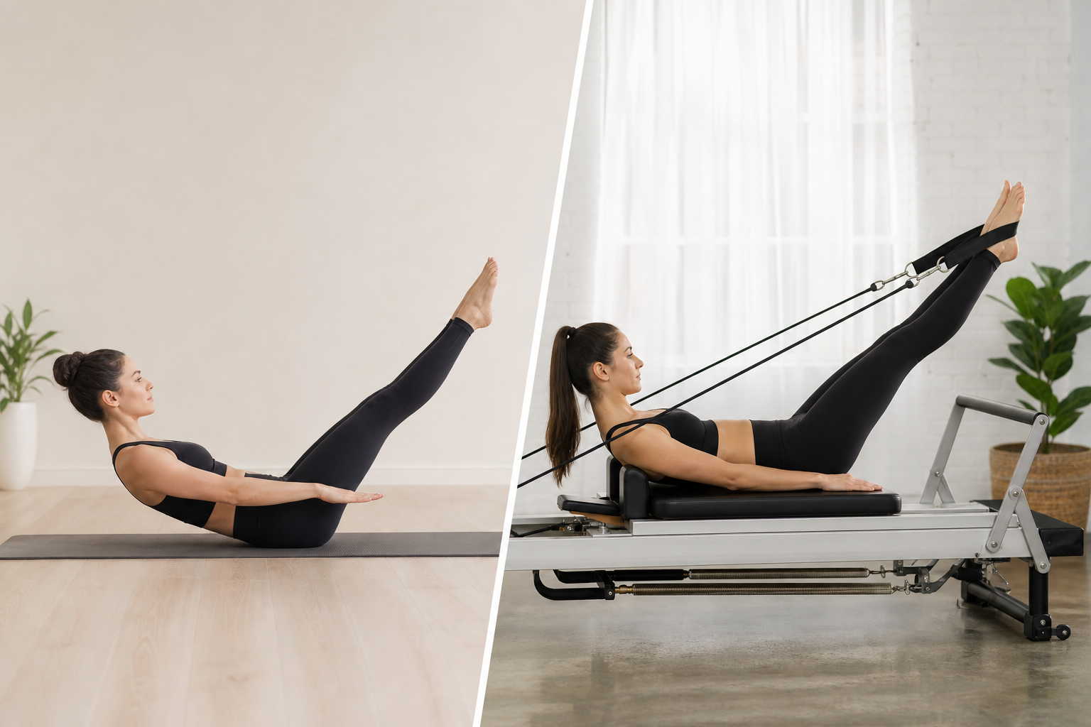 An informative comparison illustration showing a person doing mat pilates on a thin yoga mat next to