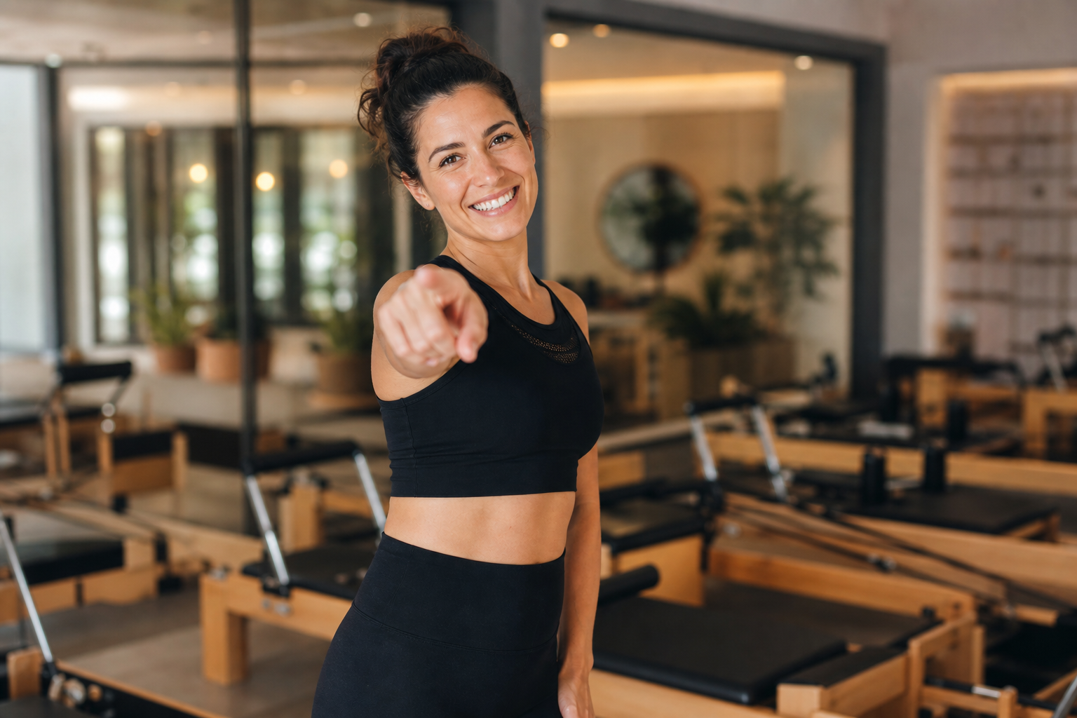 A friendly, welcoming female pilates instructor in comfortable sportswear smiling and standing in a