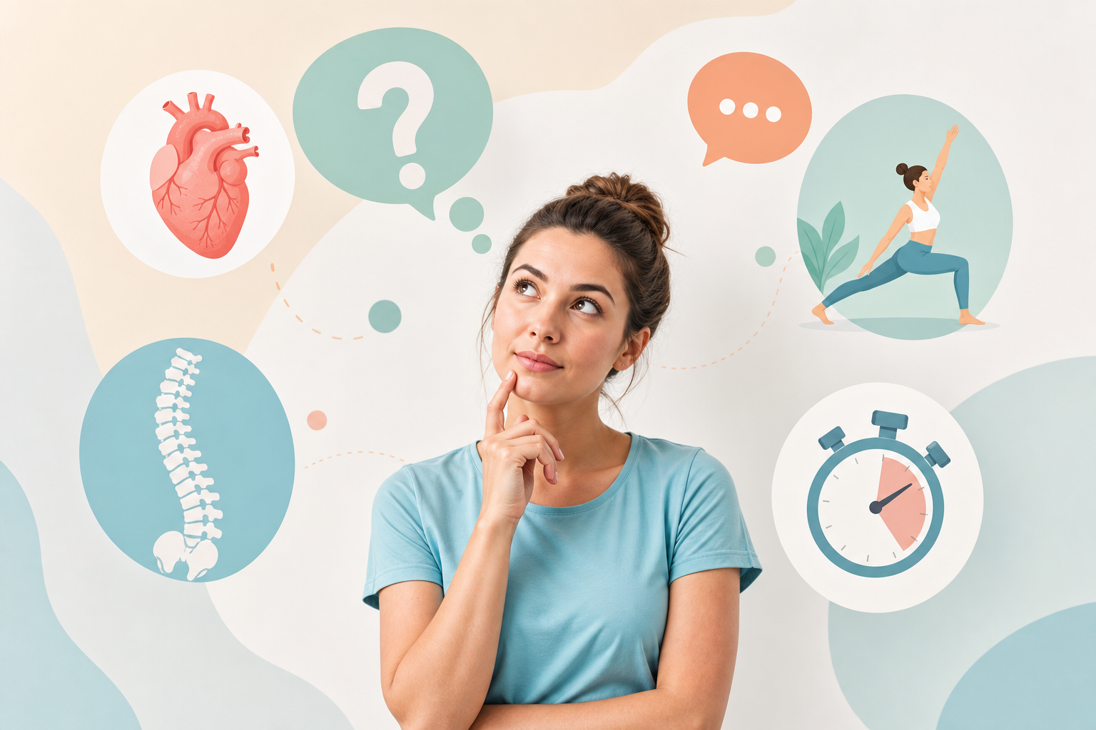 Conceptual illustration of a person thinking with question marks and speech bubbles, surrounded by h