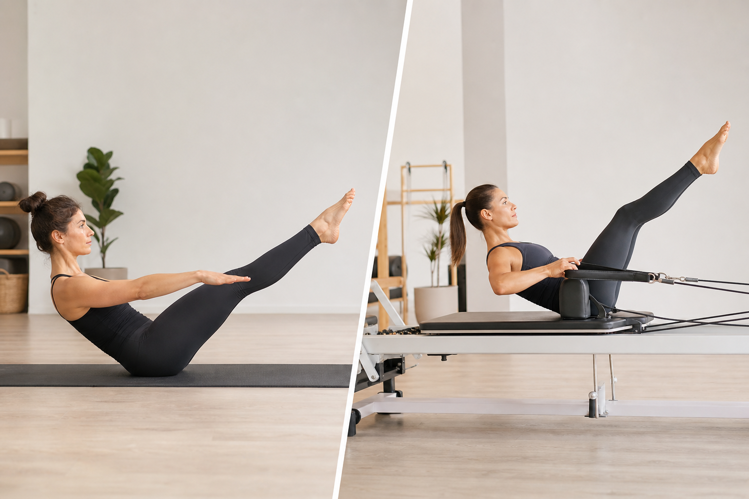 Conceptual illustration comparing 'Mat Pilates' and 'Machine Pilates'. On one side, a person doing P