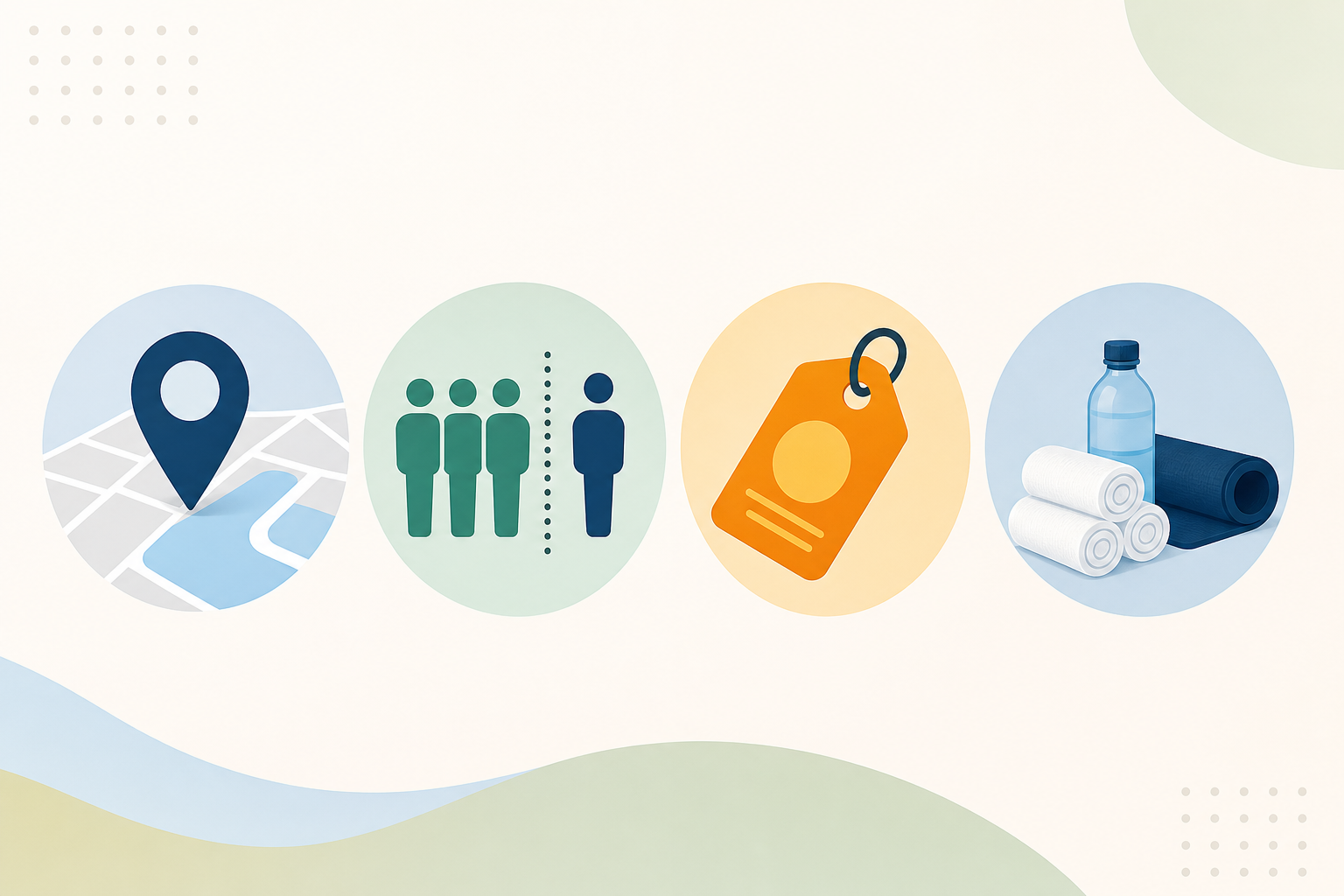An infographic checklist or visual icons representing four criteria: a map pin icon for location, tw
