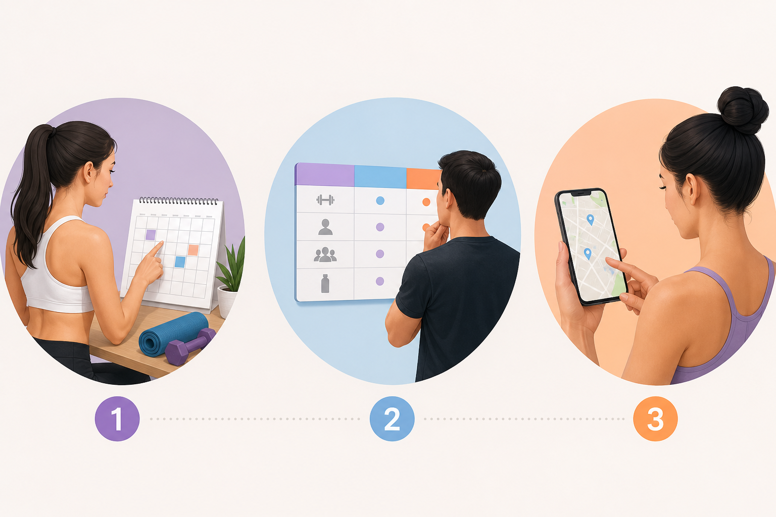 An illustration showing three simple steps for choosing a fitness studio: 1. A woman looking at a ca