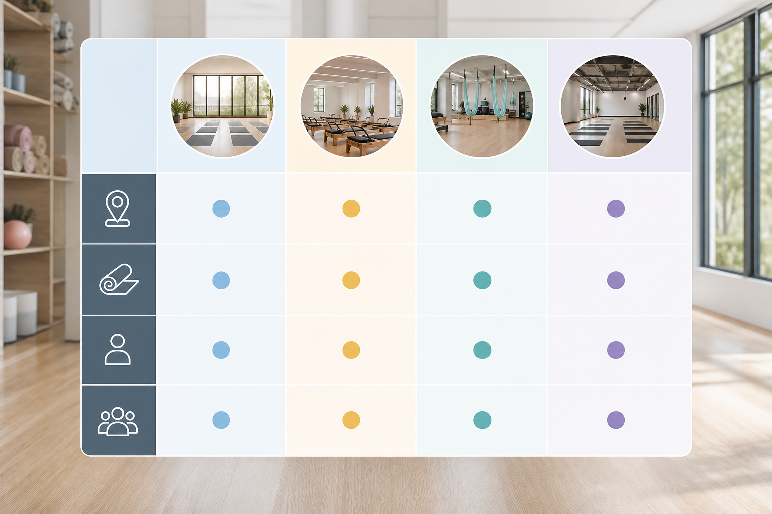 A clean, easy-to-read comparison chart graphic comparing four key criteria: studio name, lesson type