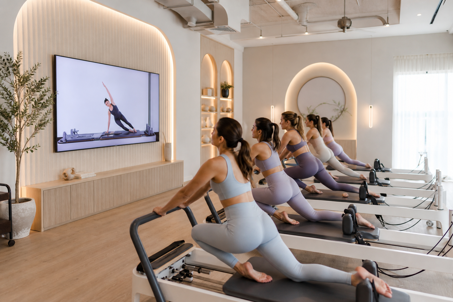 Modern and stylish pilates studio interior, large screen displaying exercise movements, multiple wom