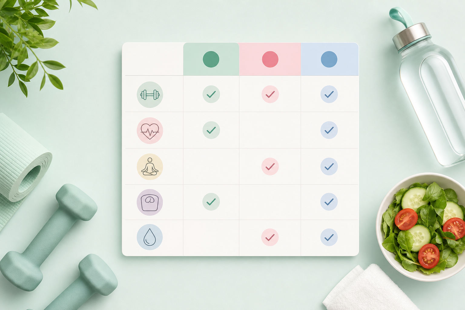 A clean and professional flat-lay graphic illustration of a comparison table icon with checkmarks, e