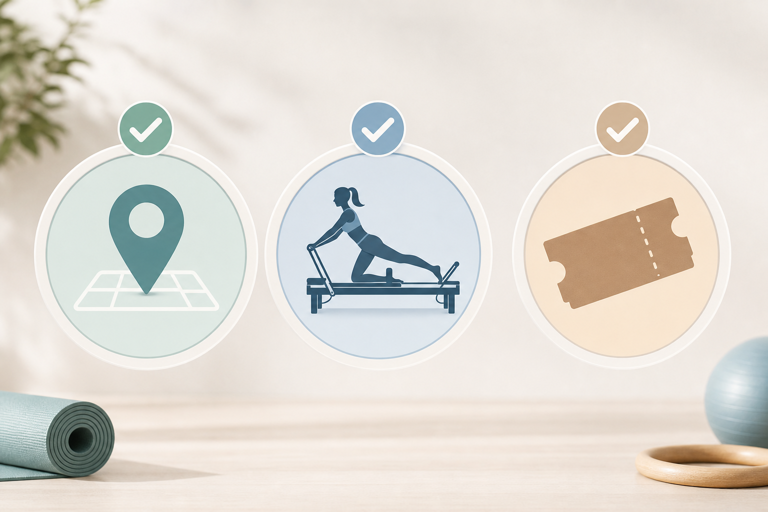 An infographic illustration showing three simple checklist icons: a location pin icon for accessibil