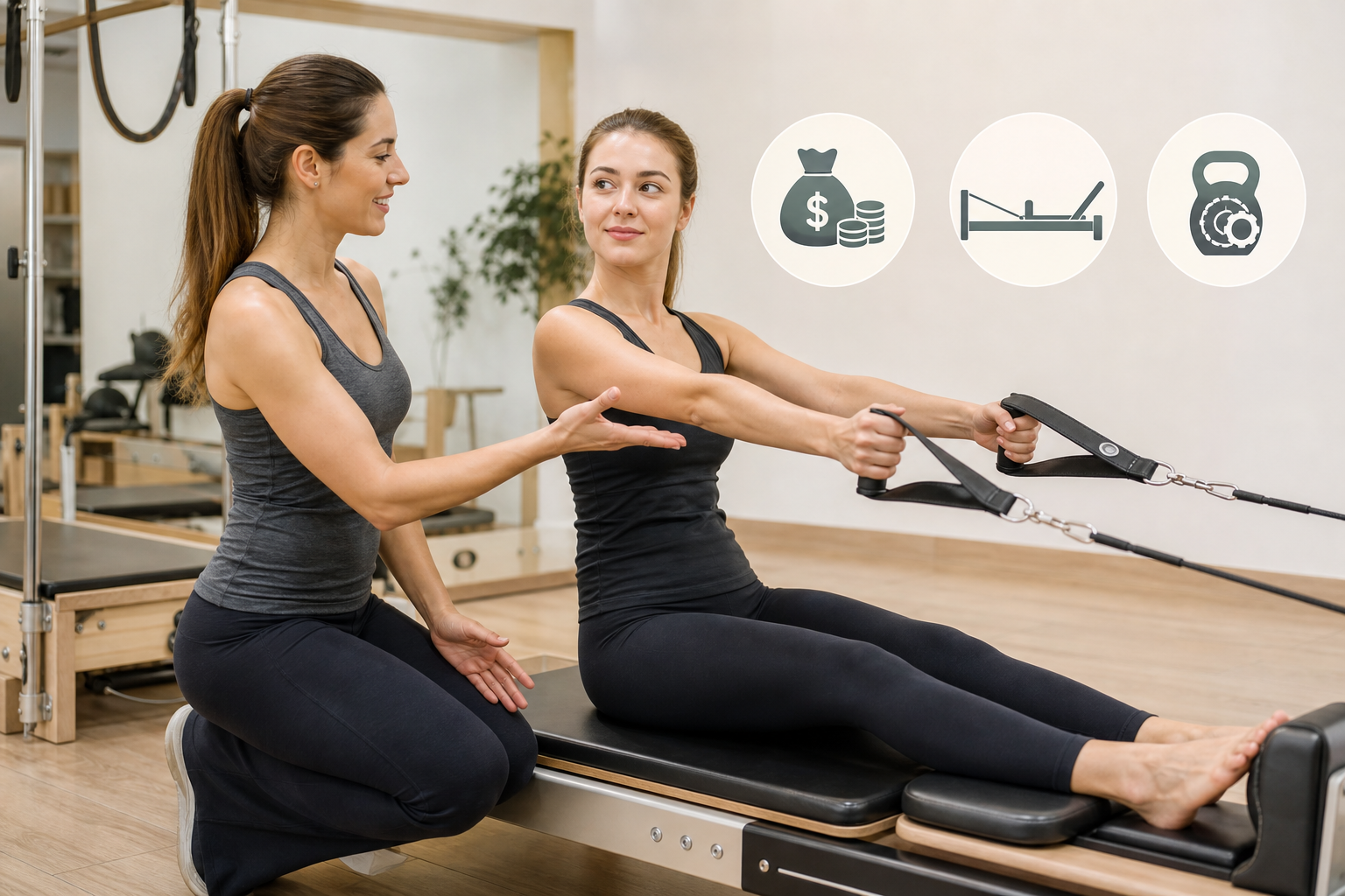 A friendly female instructor explaining pilates movements to a beginner student in a bright studio, 