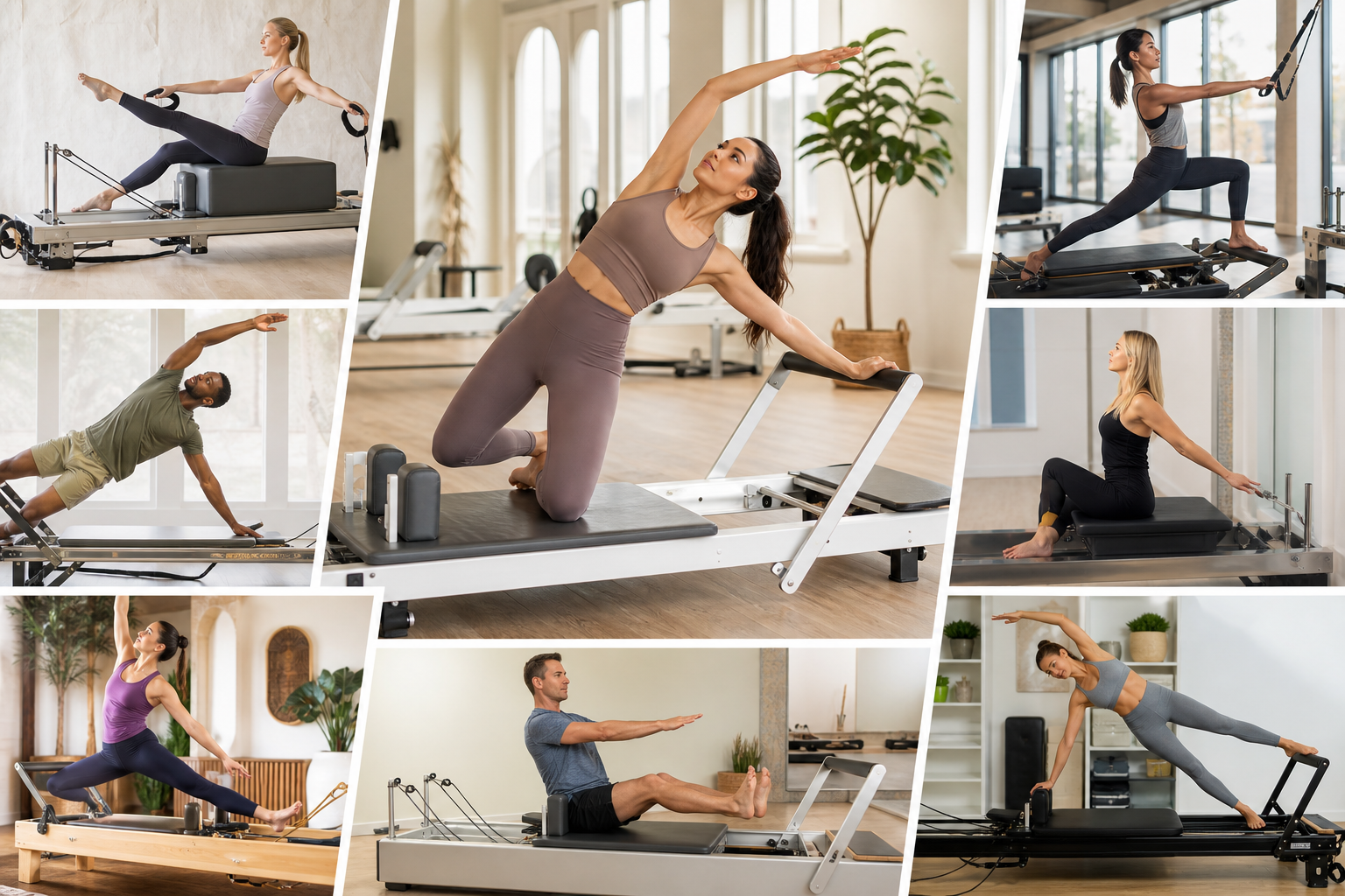 A vibrant collage-style illustration showing diverse people enjoying various pilates exercises on di
