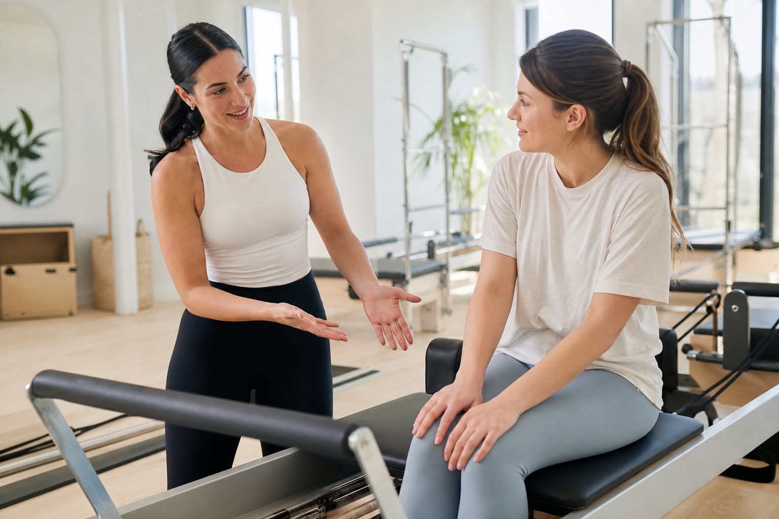 A friendly and welcoming Pilates instructor explaining the benefits of machine pilates to a beginner