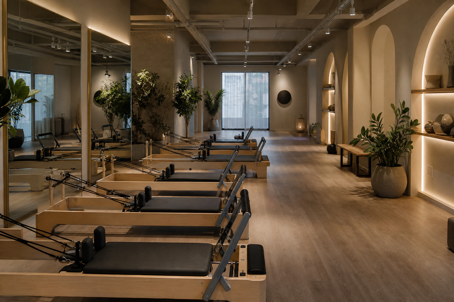 A sleek, high-end, spacious Pilates studio featuring multiple reformer machines in a row, soft ambie