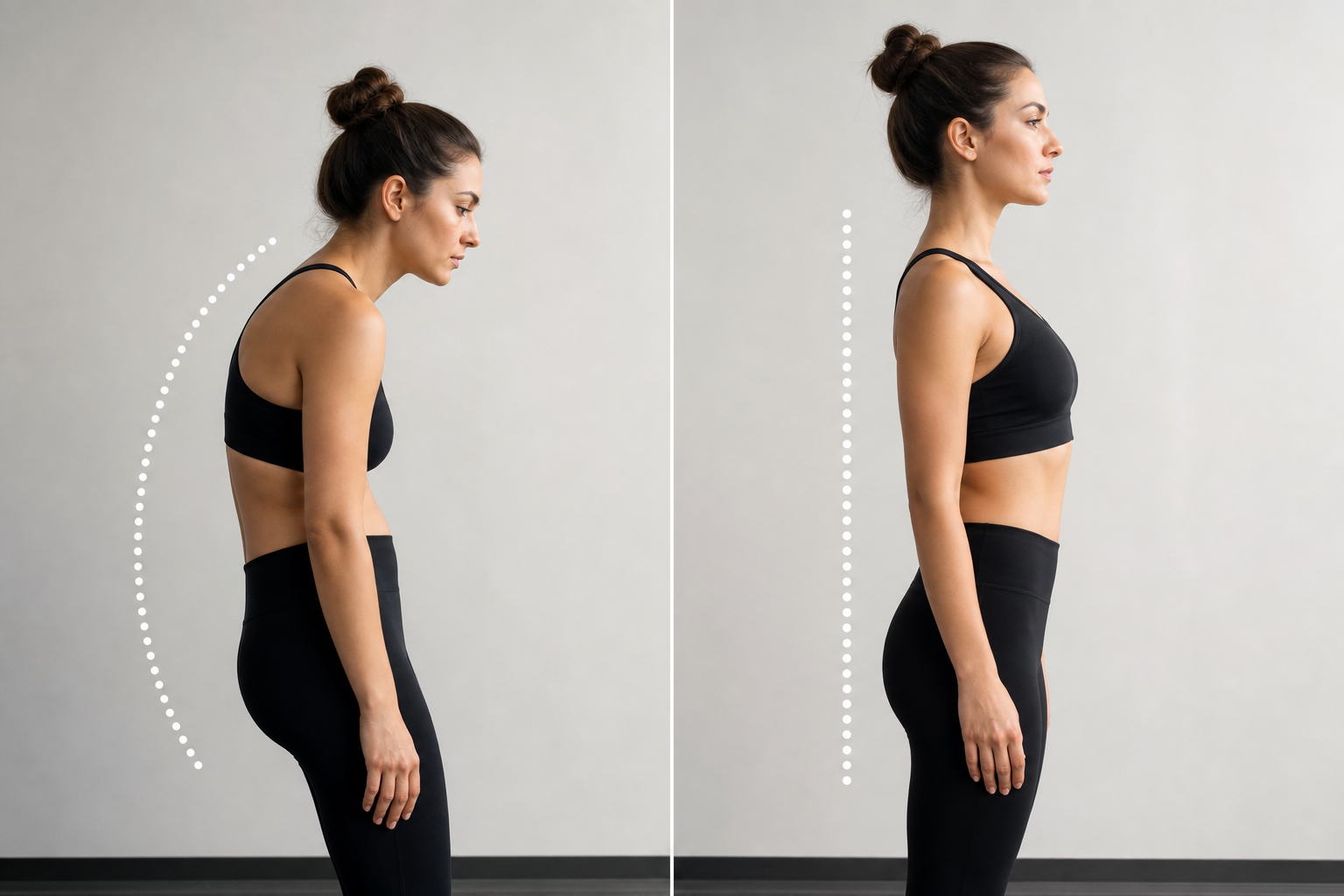 A clear, professional comparative table showing the transformation of a person's posture before and