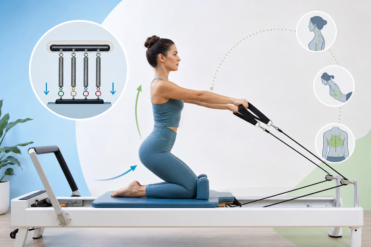 An educational infographic illustration showing how a pilates reformer machine works. A professional