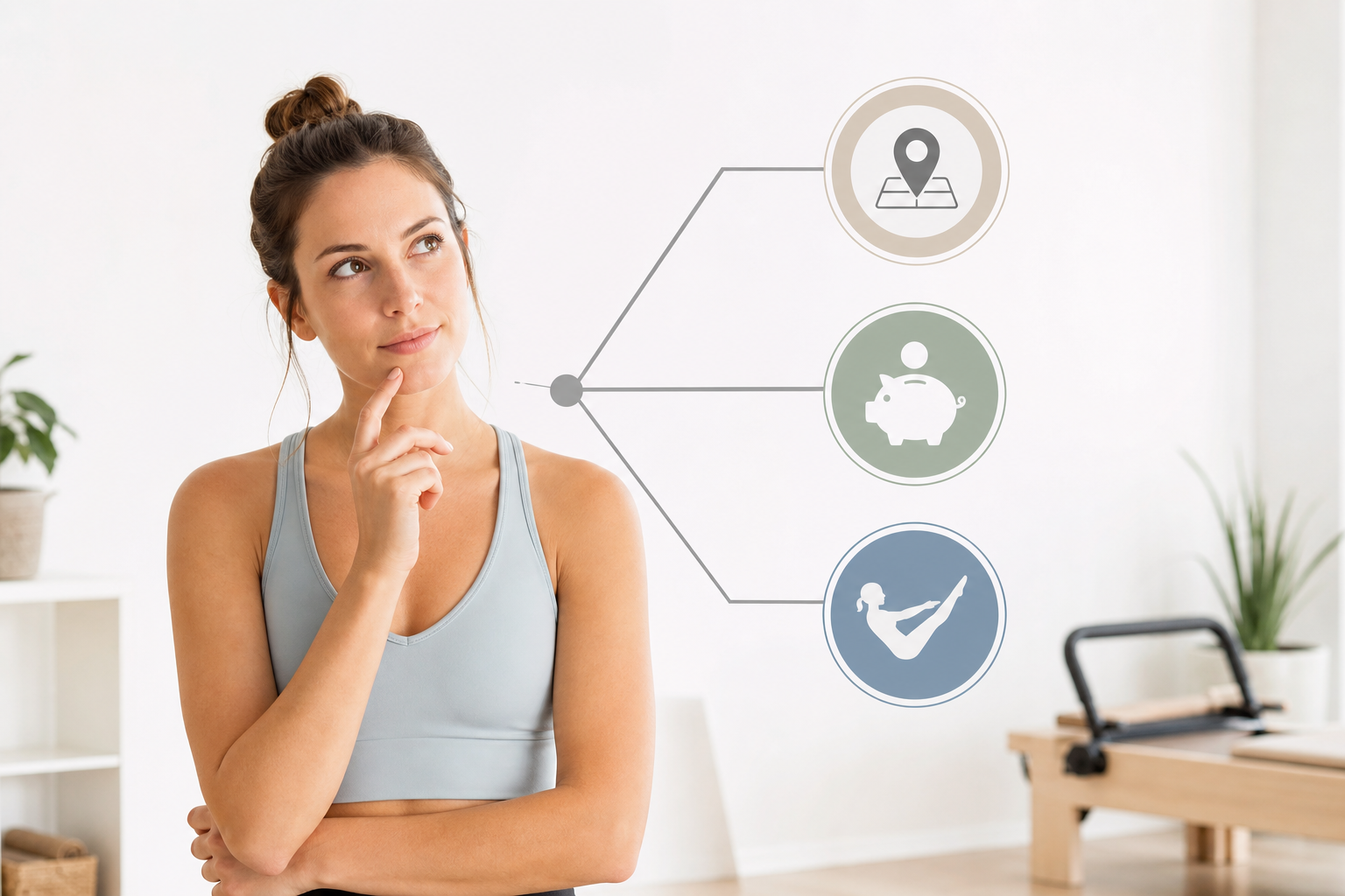 A conceptual illustration of a woman making a choice between different pilates studio options. A cle