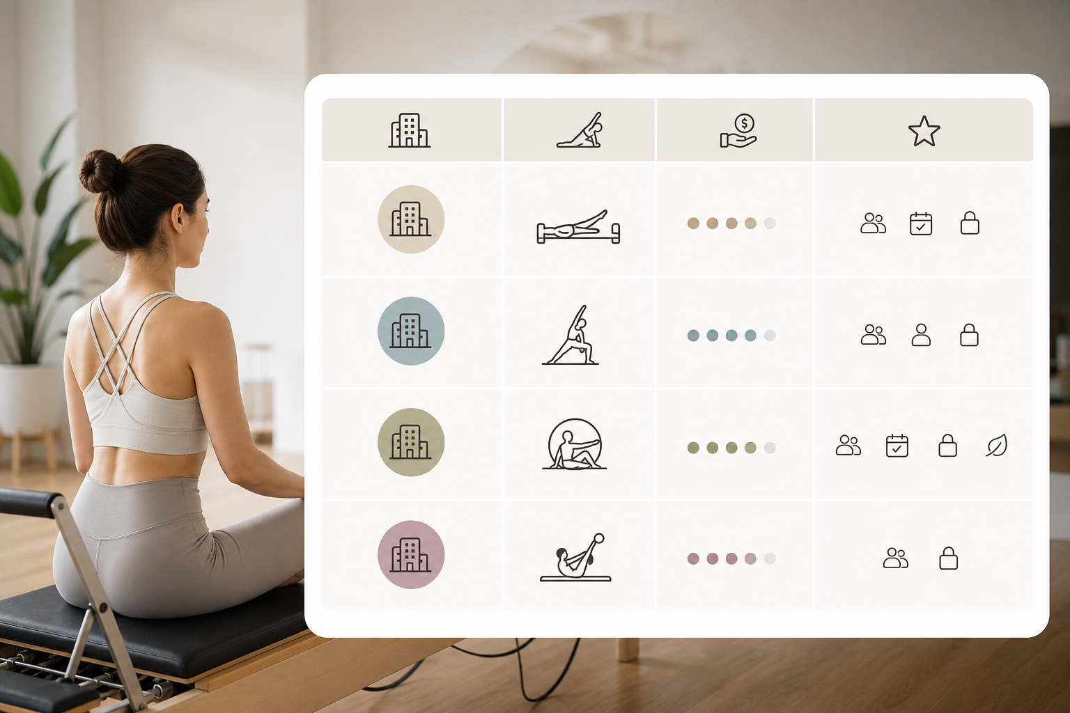 A clean, organized summary comparison table graphic for pilates studios. The table columns show 'Stu