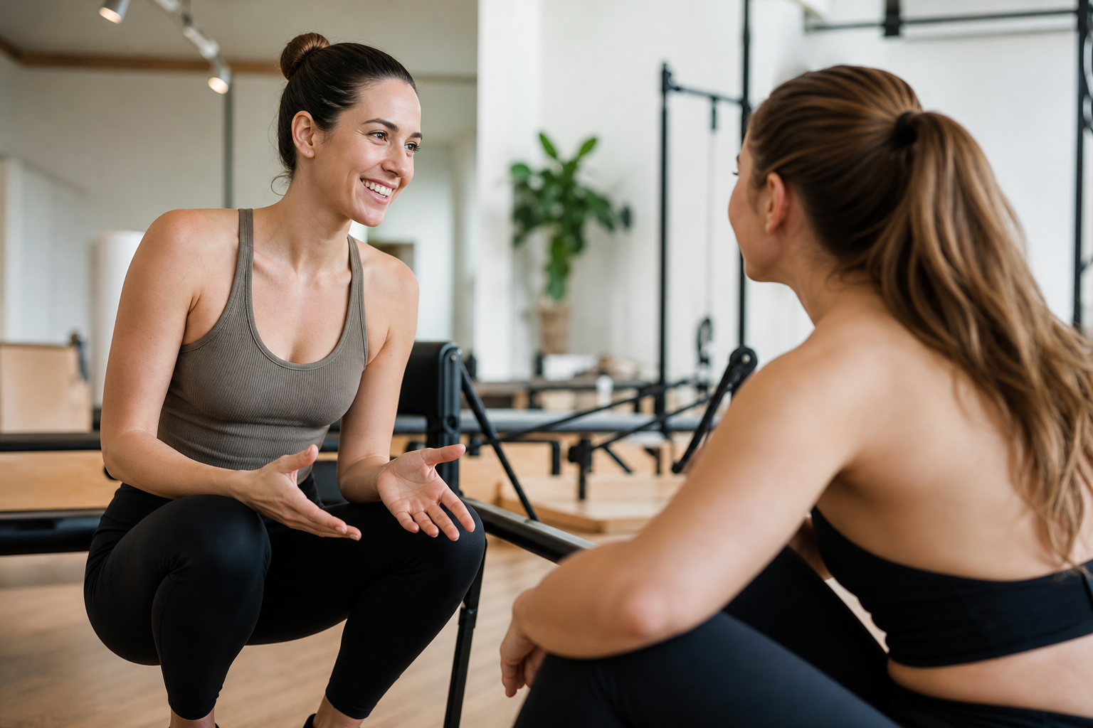 A warm and friendly scene featuring a pilates instructor talking to a student in a studio. The instr