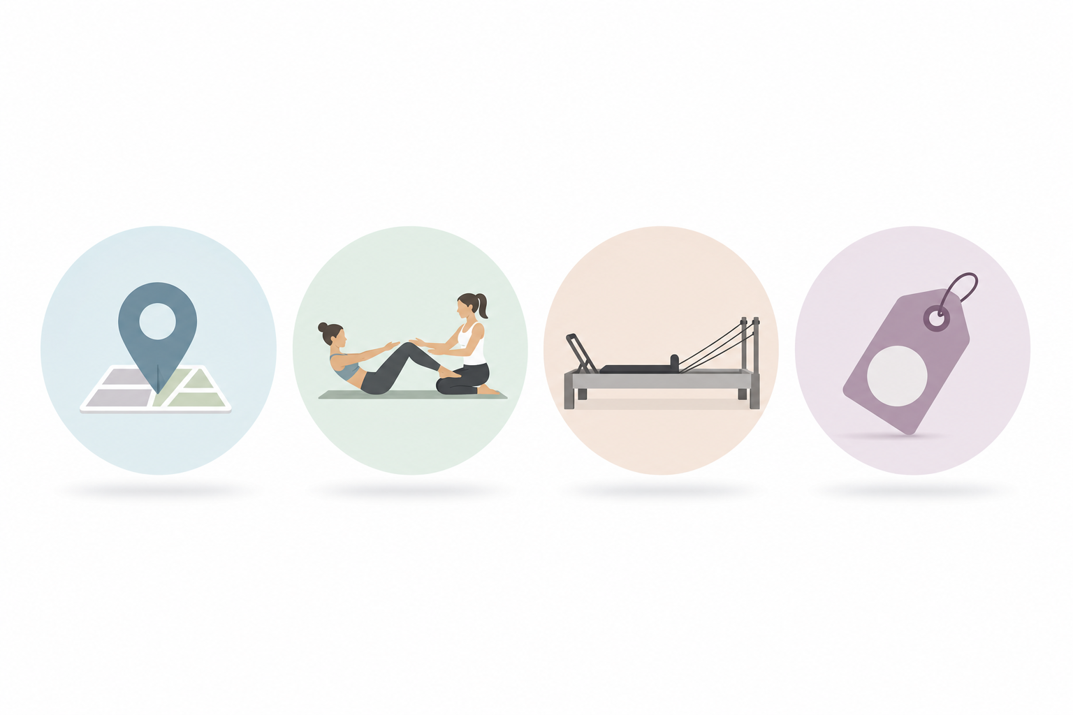 An infographic-style illustration depicting the 4 key points for choosing a Pilates studio. The icon