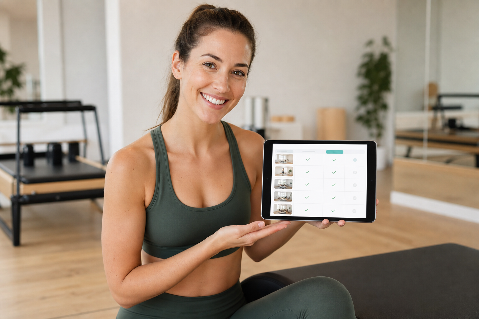 A friendly female Pilates instructor smiling and gesturing towards a tablet screen displaying a comp