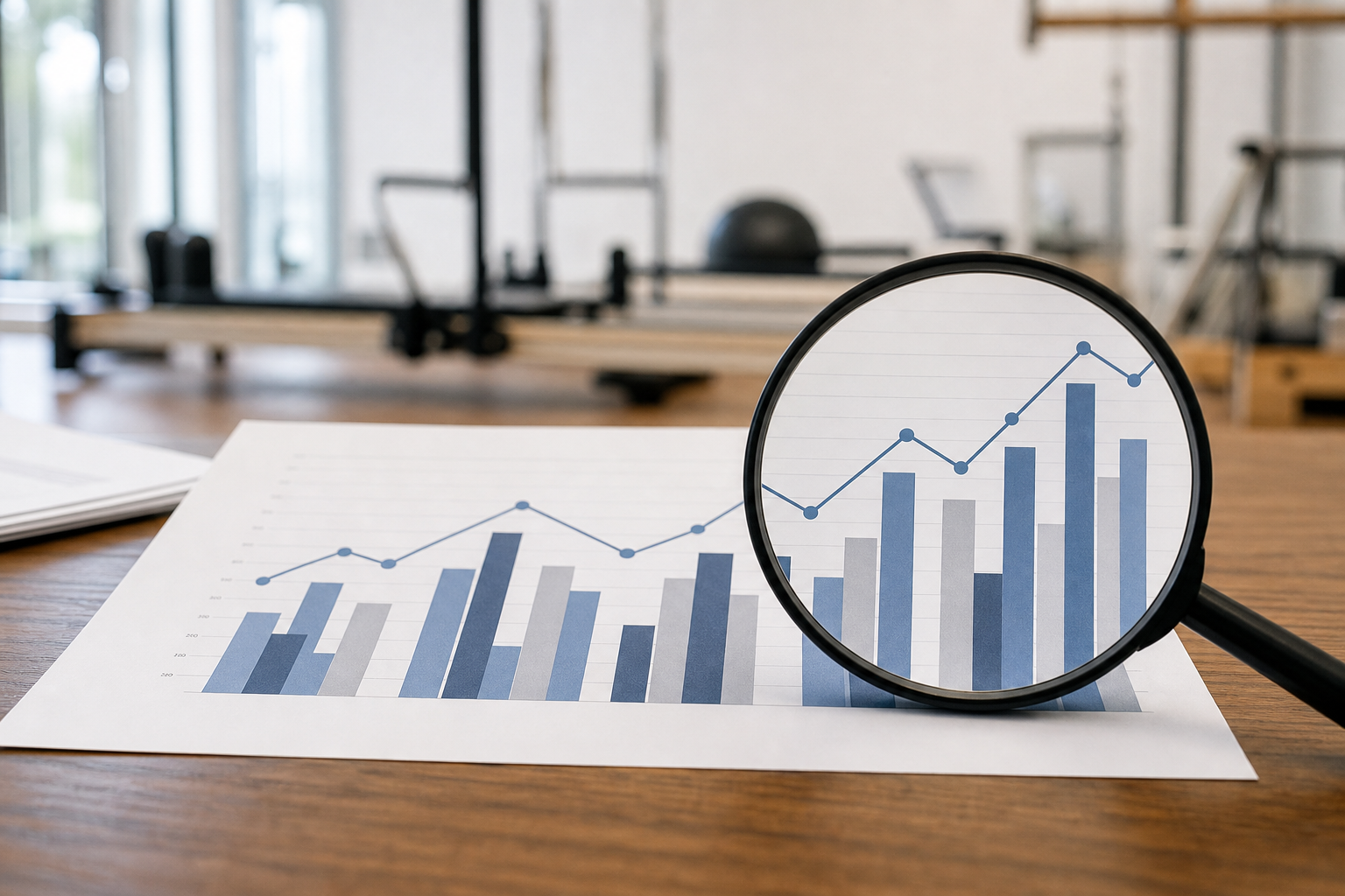 A professional bar chart and line graph graphic comparing different cost factors of Pilates studios,