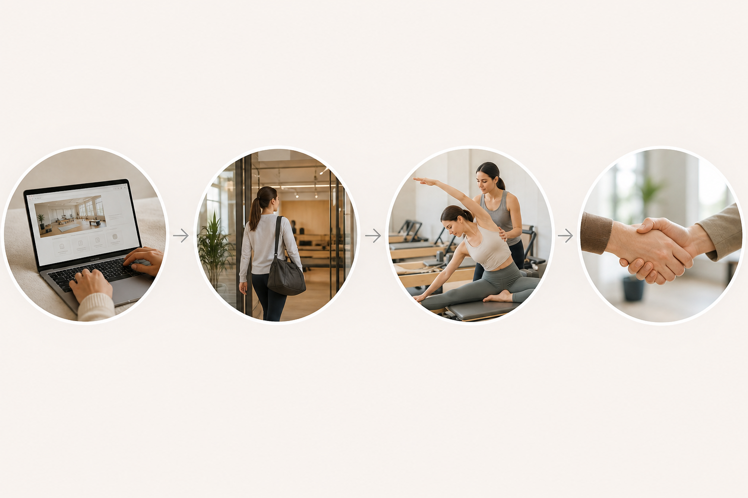 A four-step horizontal process flow illustration. Step 1: Web reservation icon. Step 2: A woman walk