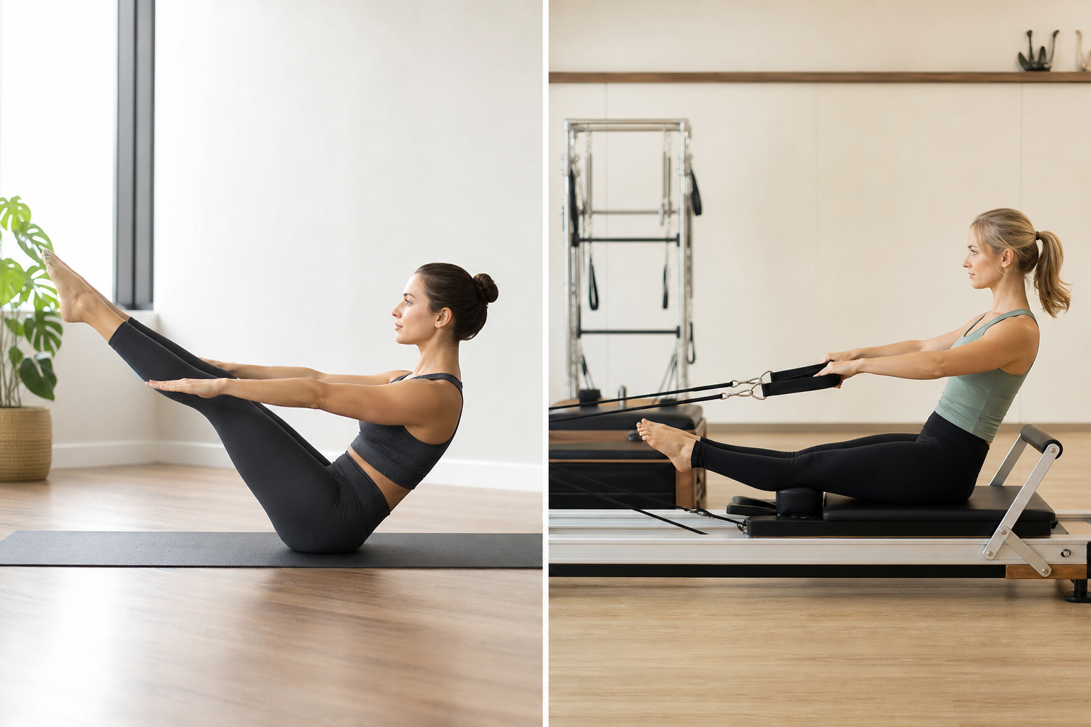 An illustration or professional image showing the difference between mat Pilates and reformer machin
