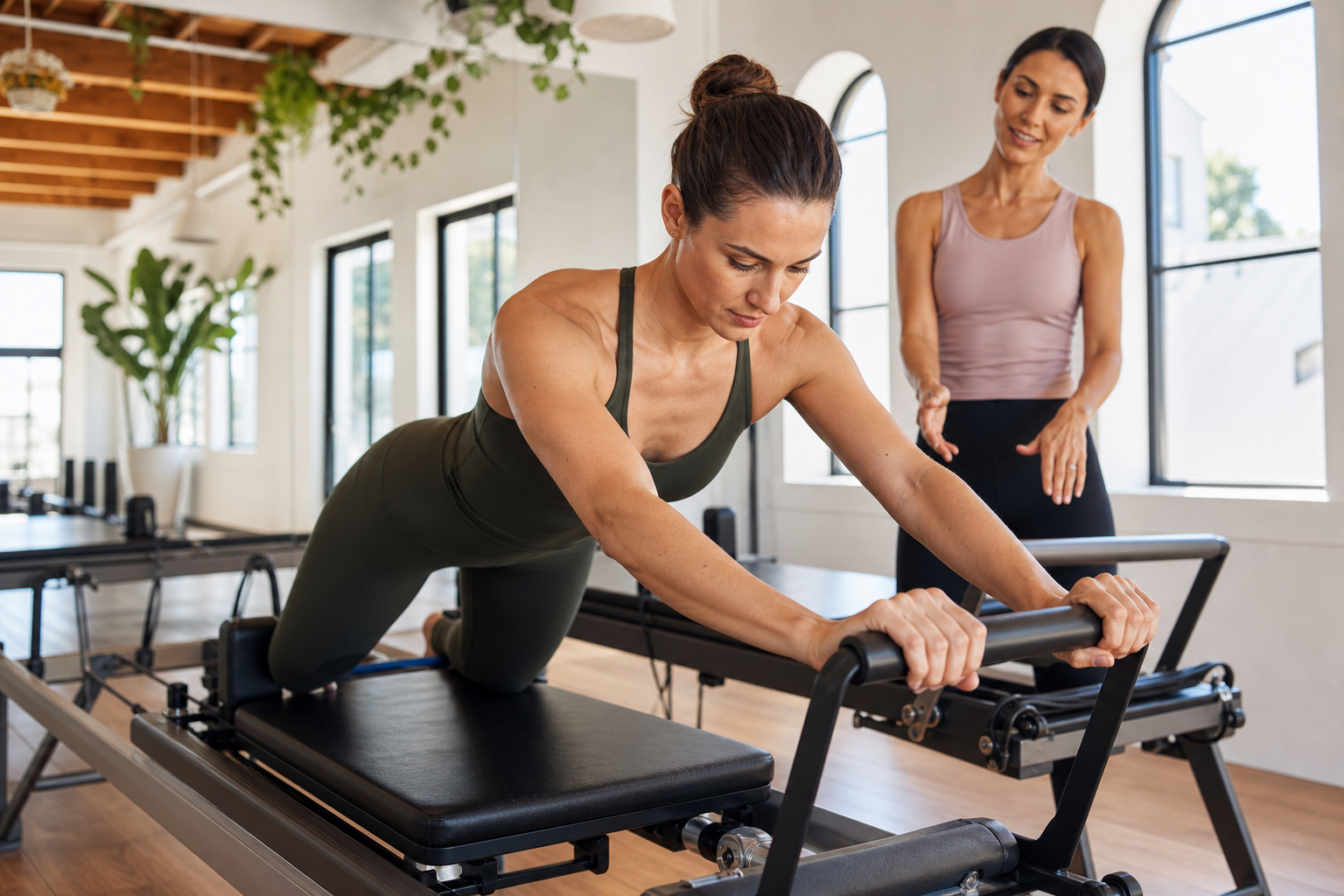 A close-up, high-quality shot of a person practicing Pilates on a Reformer machine, focusing on the