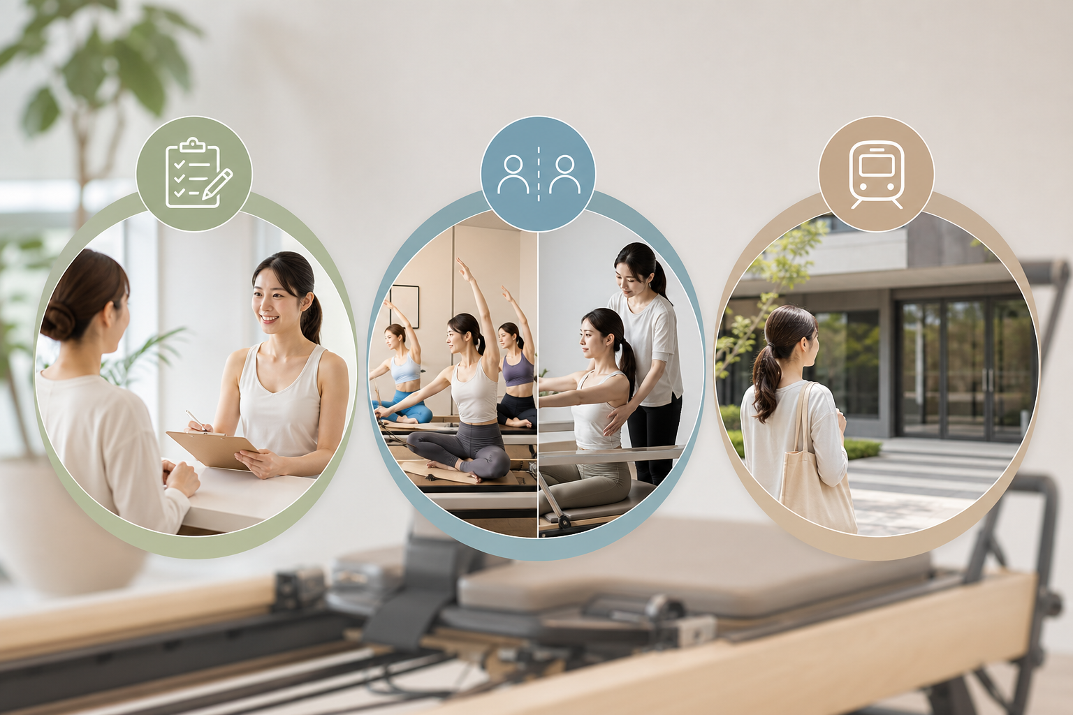 An illustration showing three steps for choosing a pilates studio: 1. Checking the trial lesson, 2. 